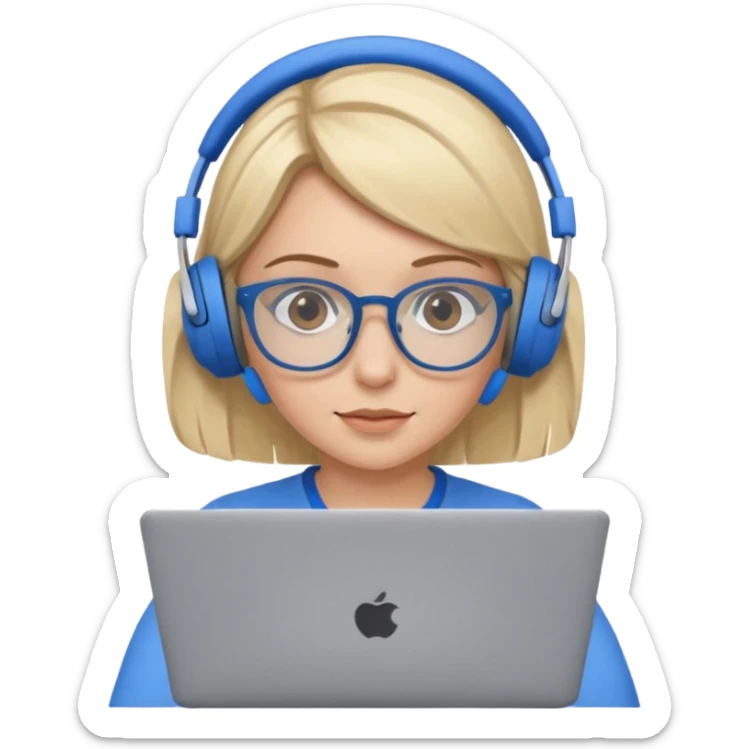 create a blonde hair women with brown eyes, blue glasses and blue headphones working on a laptop wearing a brown top. sticker