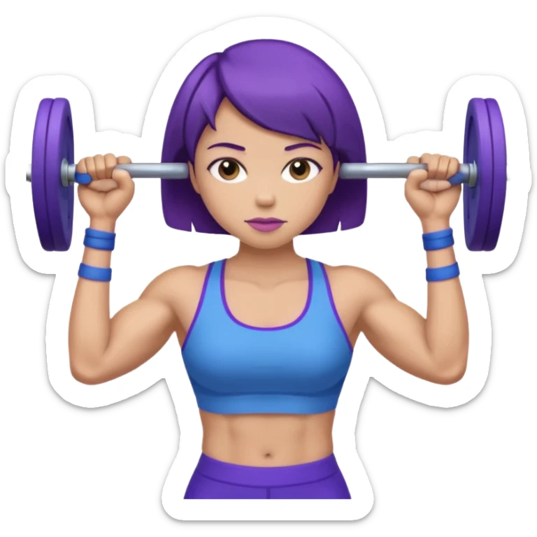 weight lift woman short blue purple har muscles bar is not growing from head sticker