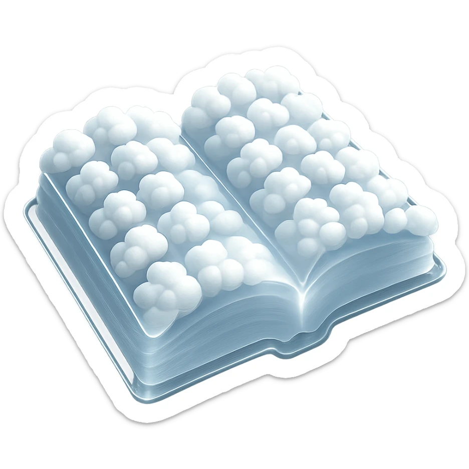 top view of a thick open book made entirely of small, very bright white fluffy convex clouds, matte glass style sticker