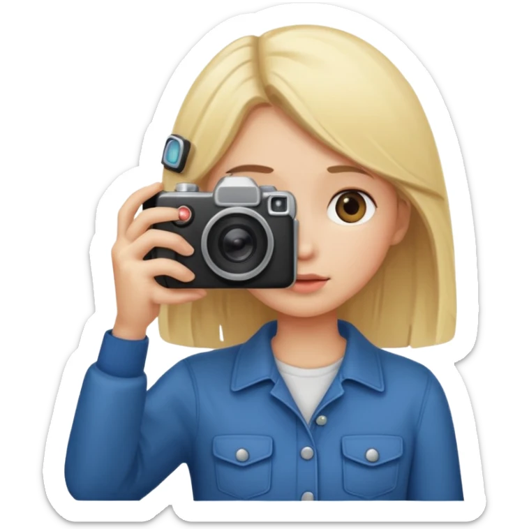 blonde girl photographer cartoon taking picture in middle of taking picture camera in front of face sticker