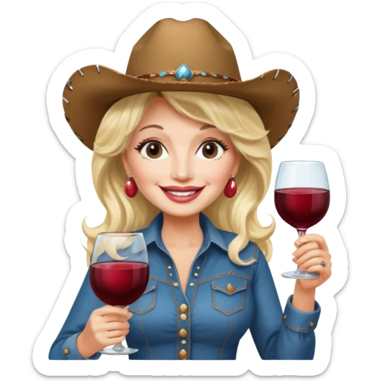 Dolly Parton with a huge glass of wine on a bachelorette trip and a cowboy hat sticker