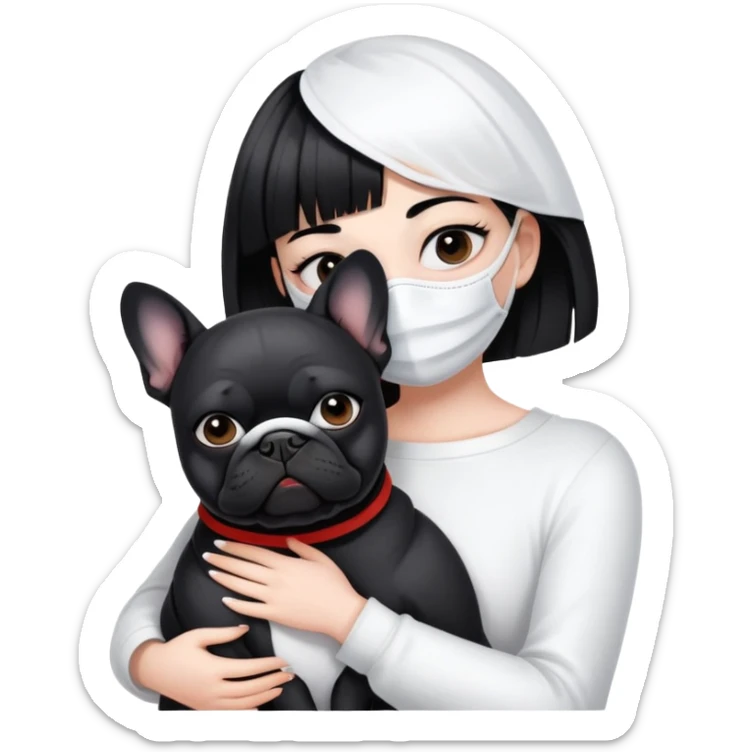 girl with short black straight bangs hair wearing a white mask and hugging a black French bulldog sticker