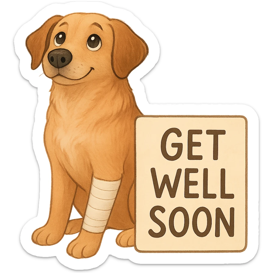 Add a 'get well soon' sign next to the dog. Keep the background transparent. sticker