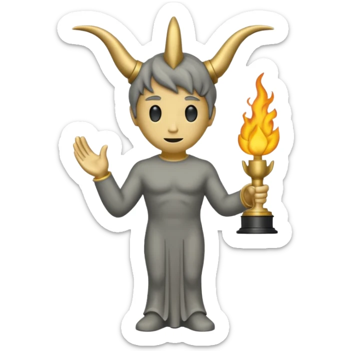 Minimalist emoji-style sticker of a full-body Oscar-like statue in matte gray-gold, with small horns  and faint flames at the base, all in black and muted hues sticker