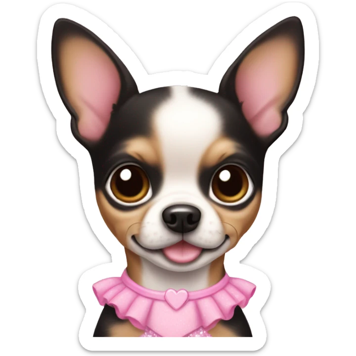 black & tan chihuahua puppy wearing a pink princess dress sticker