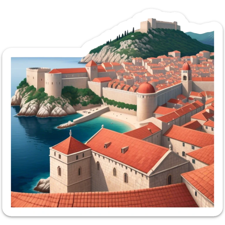 Cinematic Realistic Dubrovnik Landmark Emoji, depicted with historic fortified walls and red‚Äêtiled roofs rendered with intricate detail and dynamic, coastal lighting. sticker
