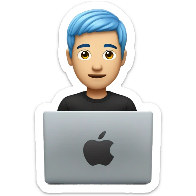 memoji of an asian man with a laptop in front, apple-style, modern, blue hair, black sweater, computer in hand, sites on a desk sticker