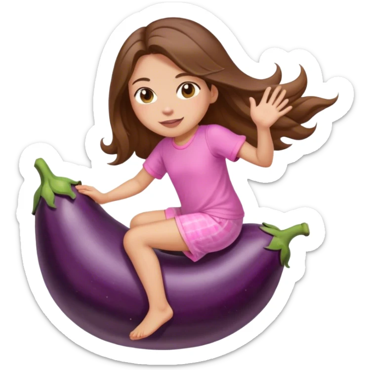 girl with long brown hair riding eggplant in shorts pink pijamas sticker