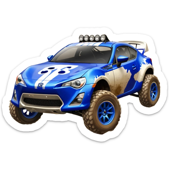 Dirty raced 2013 scion fr-s ultramarine off road 4wd monster Baja dessert stadium racer number 86 with long travel suspension and chrome spoke wheels  sticker