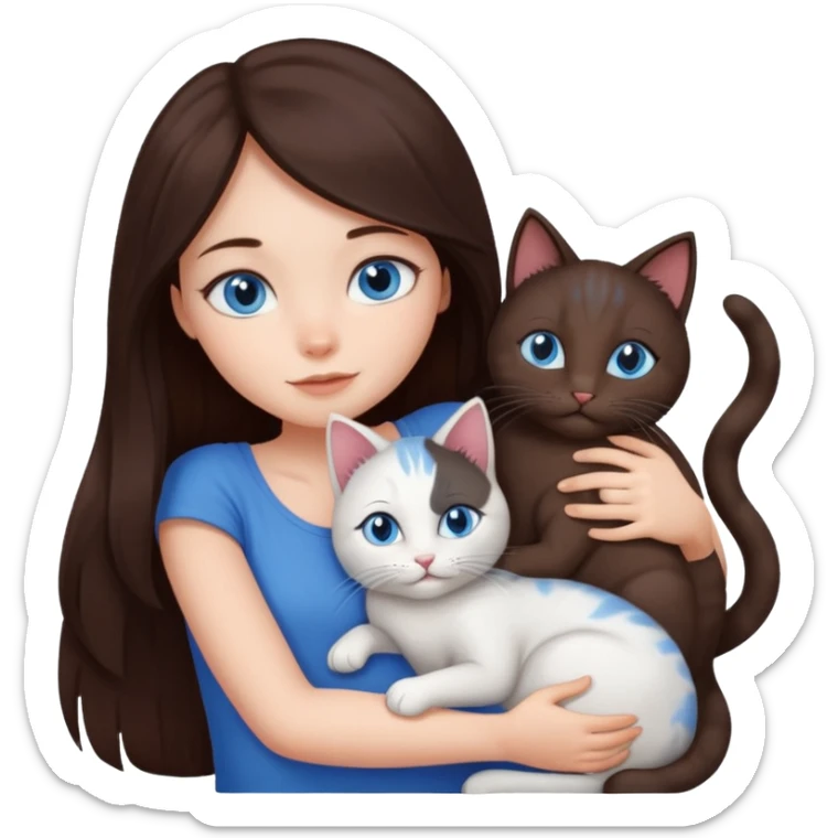a girl with long dark 
brown hair, with blue eyes, hugs 3 different natural coloured cats sticker