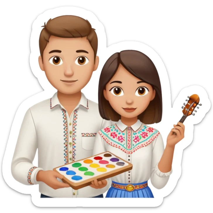 a guy in a white Ukrainian embroidered shirt and a girl in a white Ukrainian embroidered shirt, holding music and a paint palette sticker