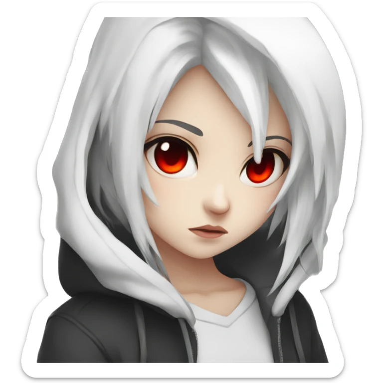 angry white-haired gamer girl with red eyes in a black hoodie, anime style sticker