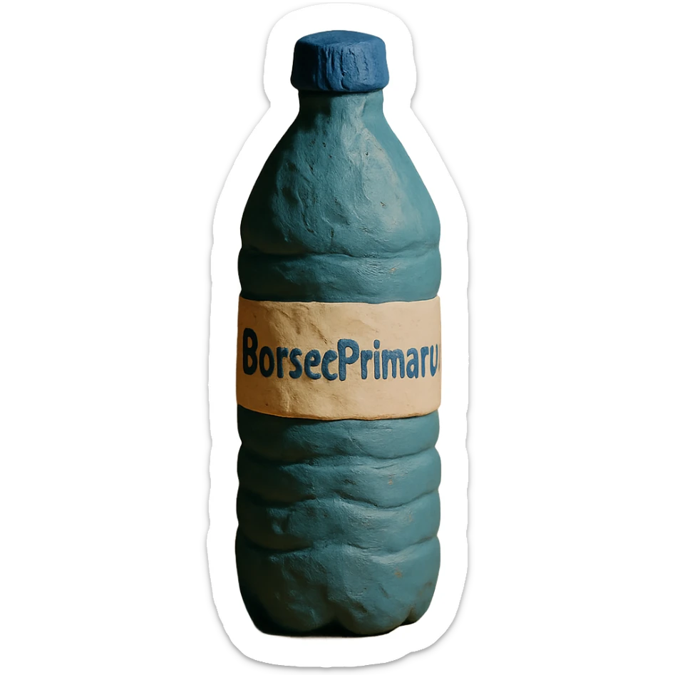 claymation style bottle of water with a label that says 'BorsecPrimaru' sticker