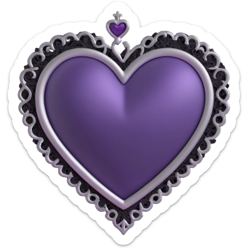 3D emoji gothic heart, dark purple satin, ornate silver frame, and black lace accents sticker