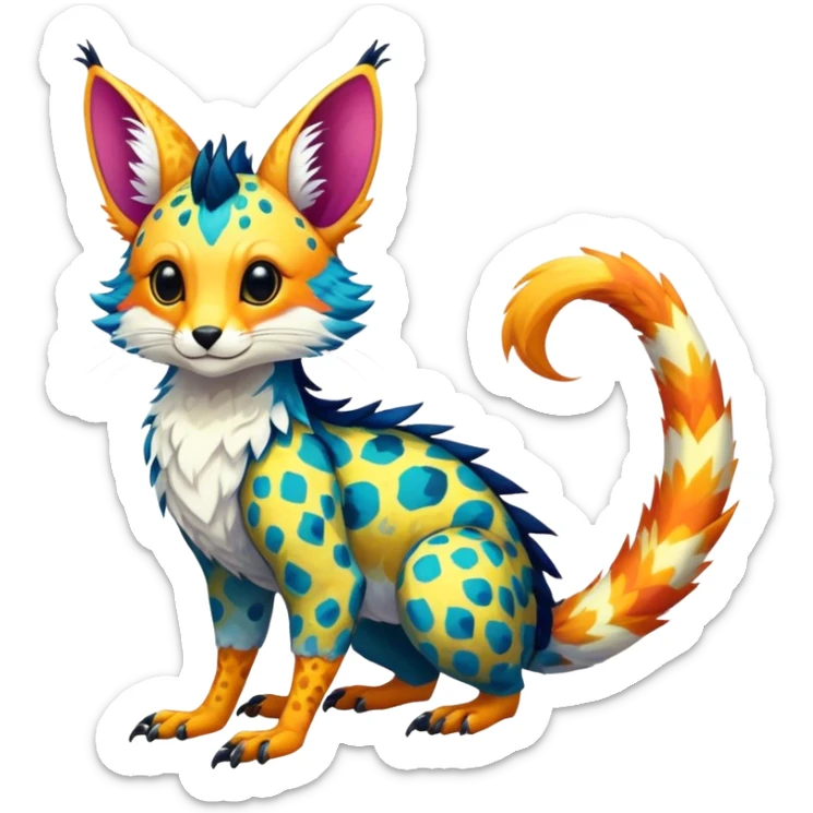 Feral Rare Fantasy vibrant colorful tropical Vernid-Trico-species by LiLaiRa, random markings, tufted tail, tufted ears, full body sticker