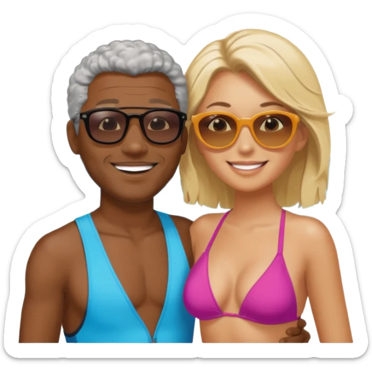 Black man salt n pepper hair smiling with blonde in love on beach sticker