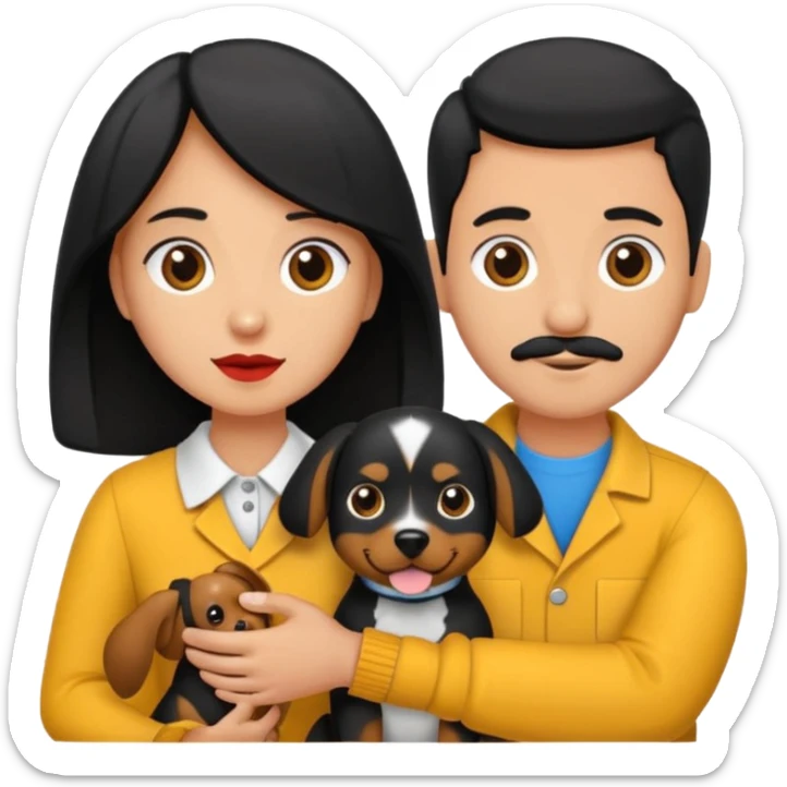 Pareja hombre y mujer, pelo negro ambos, y con dos perritos pincher en sus brazos sticker