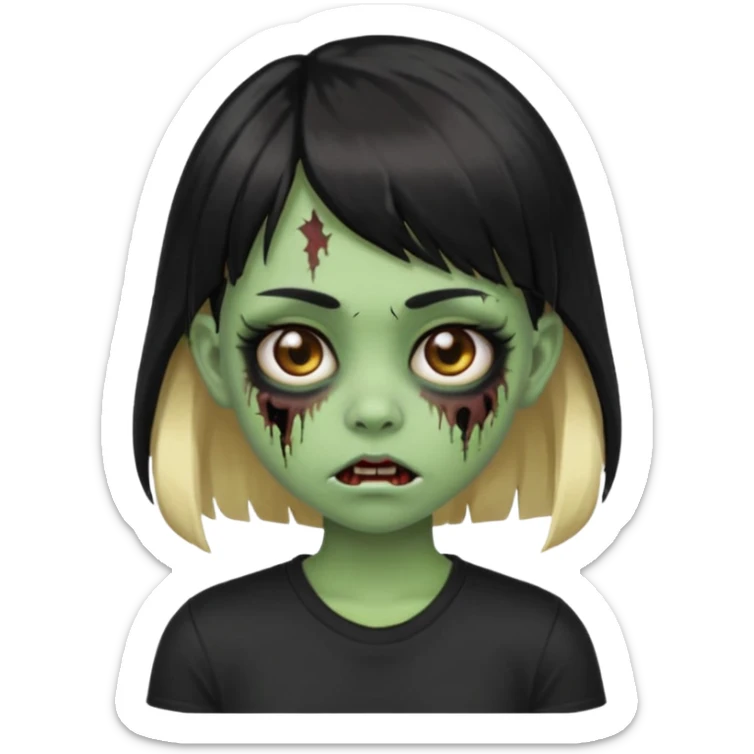 Girl with black hair and raccoon blonde streaks, bangs, light skin, zombie version, pale green skin, emoji style. sticker