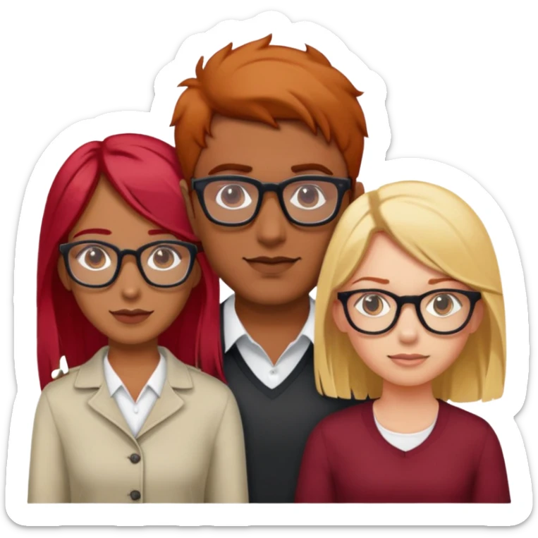 Indian guy in between red haired girl wearing glasses and blonde haired girl wearing glasses sticker