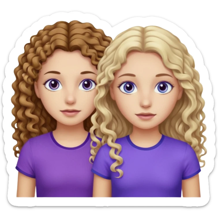 Twin sisters, one has brown eyes, long curly brown hair, the other one has blue eyes and straight blond hair purple top sticker