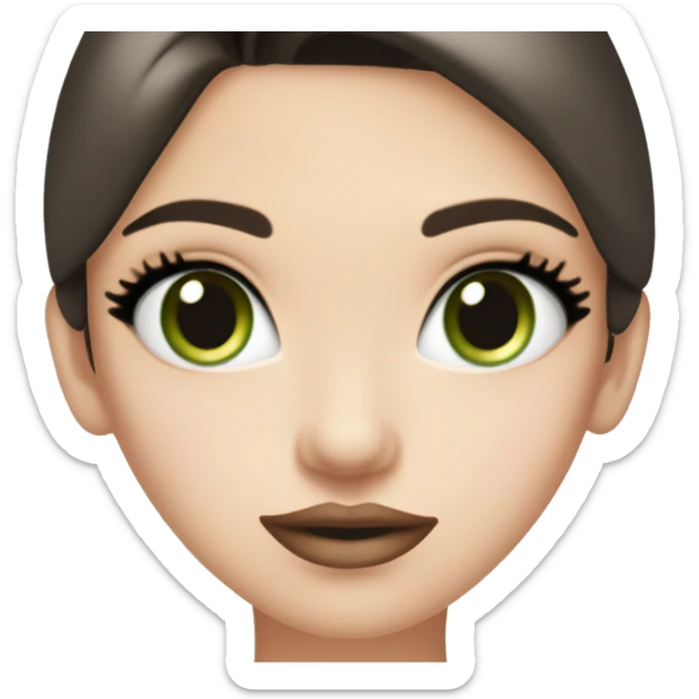 beautiful girl with high cheek bones, long straight shiny dark brown hair, big green eyes and big pale pink lips. Long thick eyelashes. Wearing a cream bustier. sticker