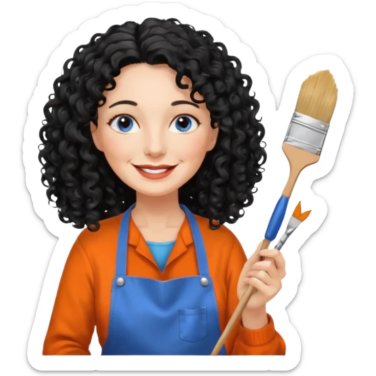 FEMME BLANCHE FRISÉ 60 ANS CHEVEUX NOIR FRISÉ ONDULÉ TRÈS  LONG , SOURIANTE AVEC CHANDAIL ORANGE ,   YEUX BLEU ET UN PINCEAU À LA MAIN LA MAIN AVEC 5 DOIGT SEULEMENT ET TABLIER sticker