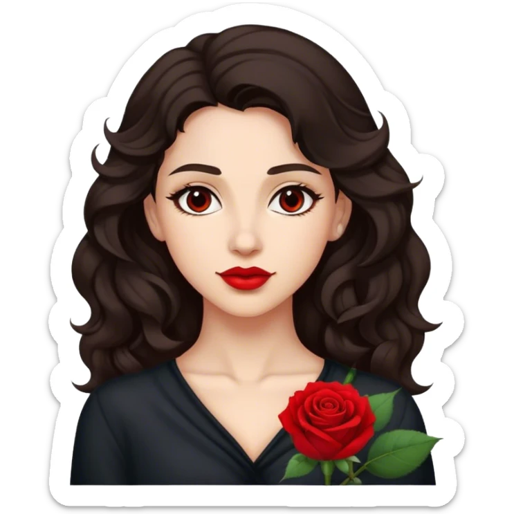 A woman with dark wavy hair, a single red rose behind one ear, and a confident gaze sticker