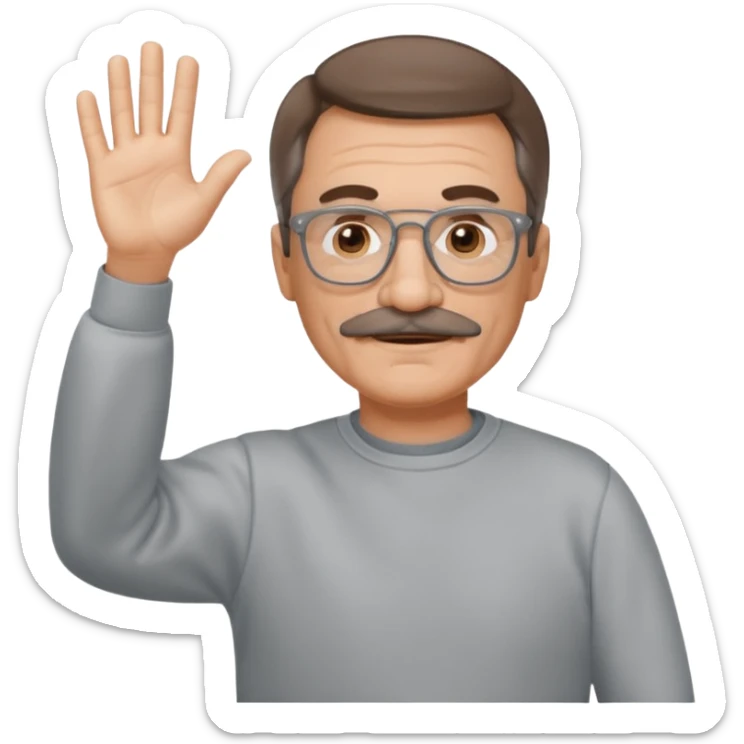 60 yr man partial brown hair parted in center, mustache, light glasses, sweatshirt waving hello sticker