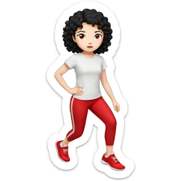 generate a pretty bratz fair skinned girl with curly black hair wearing a white tshirt trekking on a hill with red sneakers on and black leggings.  Put a hill behind her sticker