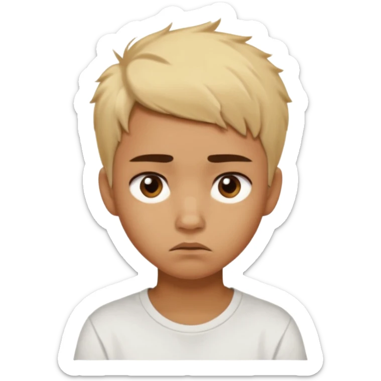 caramel skin color. Teen age. Short buzz, messy blonde hair, dark brown bushy eyebrows large expressive golden-brown eyes, brown skin color, scar over nose, wearing a plain white t-shirt. Disappointed thinking facial expression. caramel skin color sticker