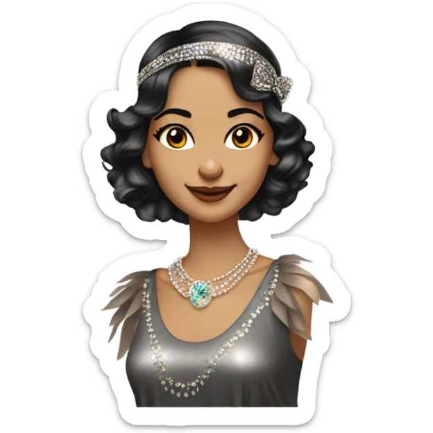 Feminine flapper jeweled style flapper headband short dark wave hair long eyelashes expression is she is smirking smiling and she is wearing sparkly shirt with sleeves and has wavy medium brown hair to shoulder  sticker