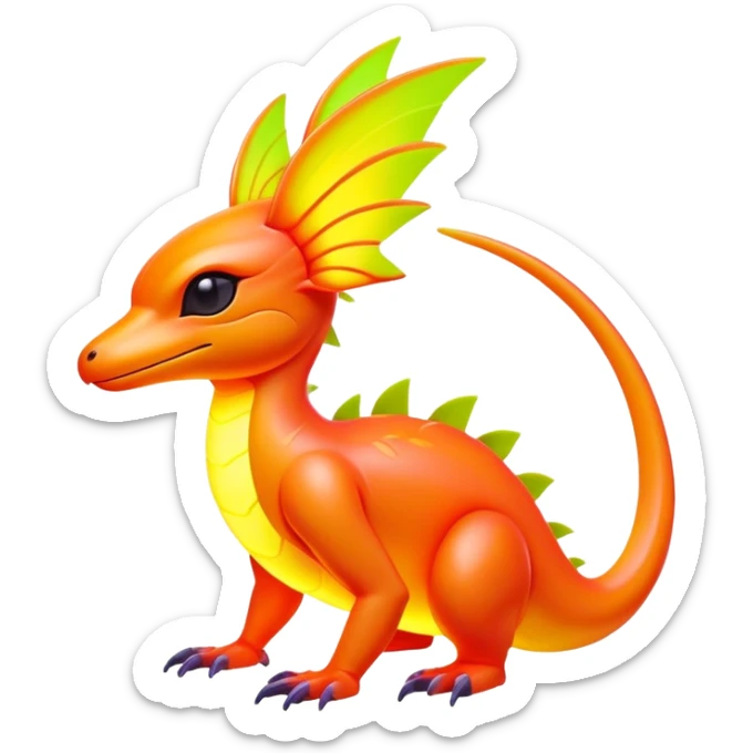 Tropical futuristic lush warm-colored neon Fakémon-Fionbri-creature sticker