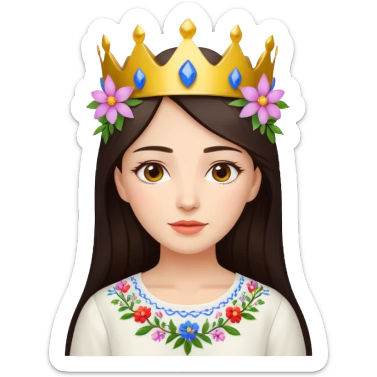 Ukrainian woman in a white embroidered shirt with dark hair and a crown of flowers on her head sticker
