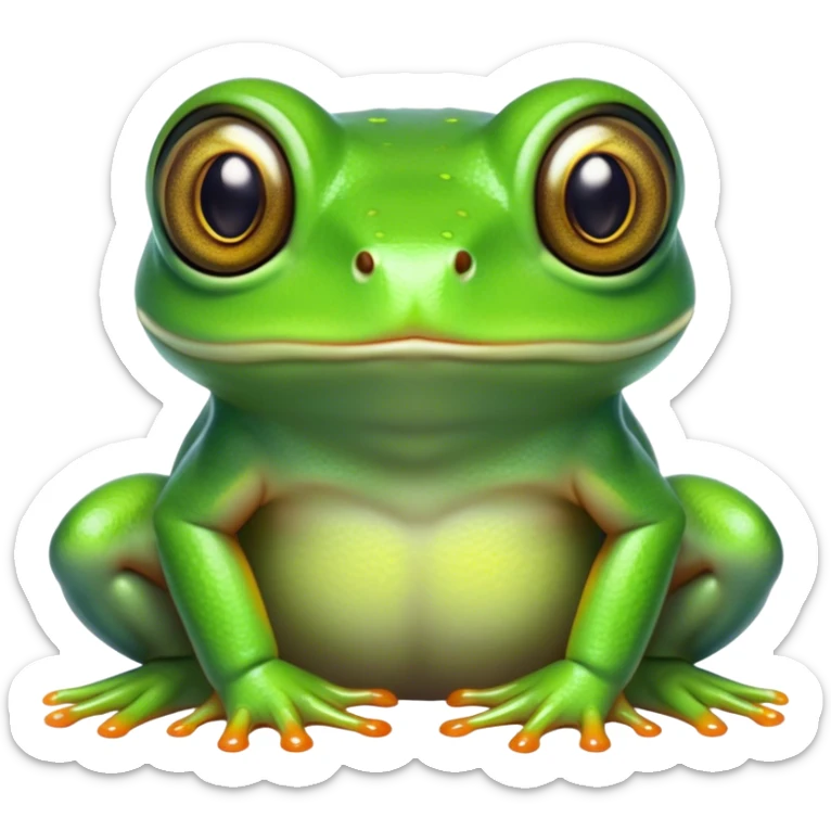 Cinematic Noble Green Tree Frog Portrait Emoji, Poised and alert, with a compact, vibrant body clad in bright, glossy green skin accented by delicate, sticky toe pads and large, bulging, observant eyes, Simplified yet sharp and sophisticated features, highly detailed, glowing with a soft, verdant luminescence, high shine, intelligent and sprightly, stylized with an air of tropical elegance, focused and attentive, soft glowing outline, capturing the essence of a watchful and confident amphibian that appears ready to leap out of the screen with effortless agility! sticker