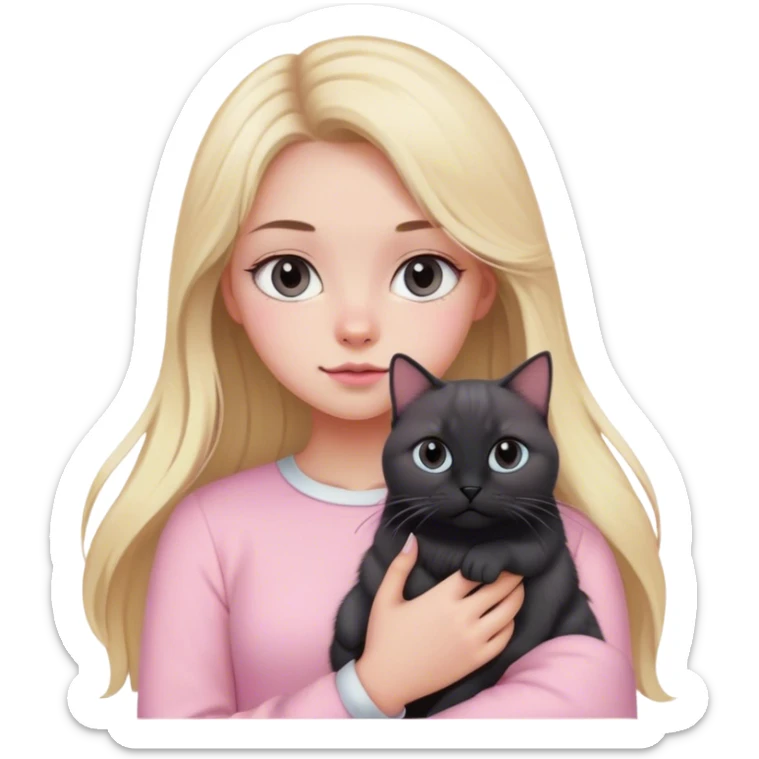 girl with blond long hair, grey eyes and fair skin in pink pastel clothes holds a black British cat in her arms sticker
