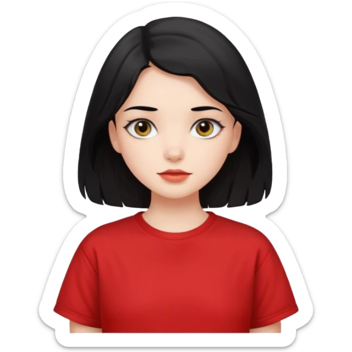 Buatkan aku emoji perempuan yang memiliki warna kulit cerah, mata yang cantik, dan mempunyai rambut hitam yang lurus dan sedikit bergelombang dan panjang rambutnya sampai ke pundak, dan memakai kaos pendek oversize berwarna merah  sticker