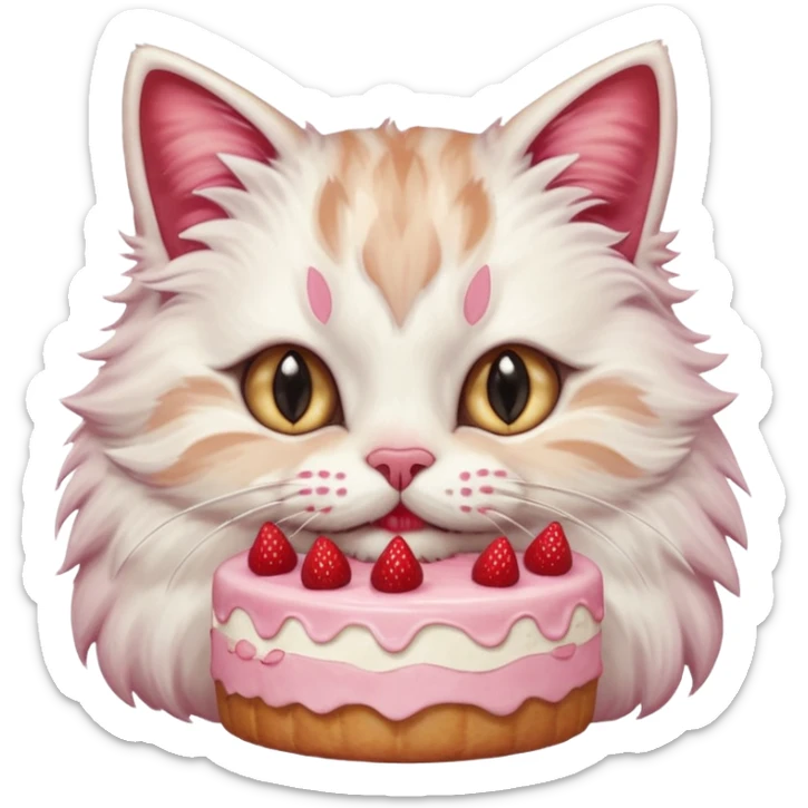 Close-up portrait of a fluffy cat eating a strawberry cake, pink cream on its nose and whiskers, detailed fur texture, soft natural light, shallow depth of field, high resolution, cute and candid moment
 sticker