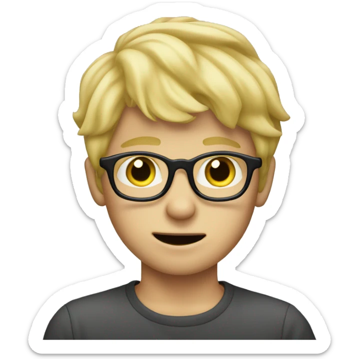 Blonde boy with glasses with his finger in front of his face and pointing at his jaw sticker