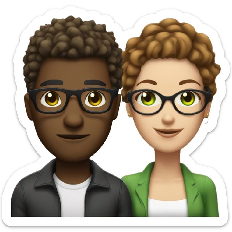 black male with spikey hair and glasses and white female with brown wavy hair , green eyes and glasses sticker