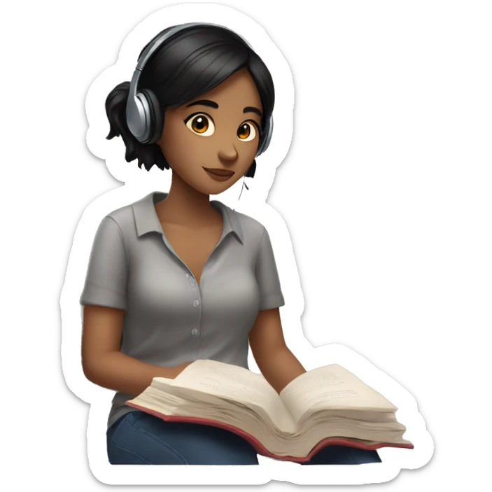 girl with black hair in cosy shirt and a book wearing earbuds  sticker