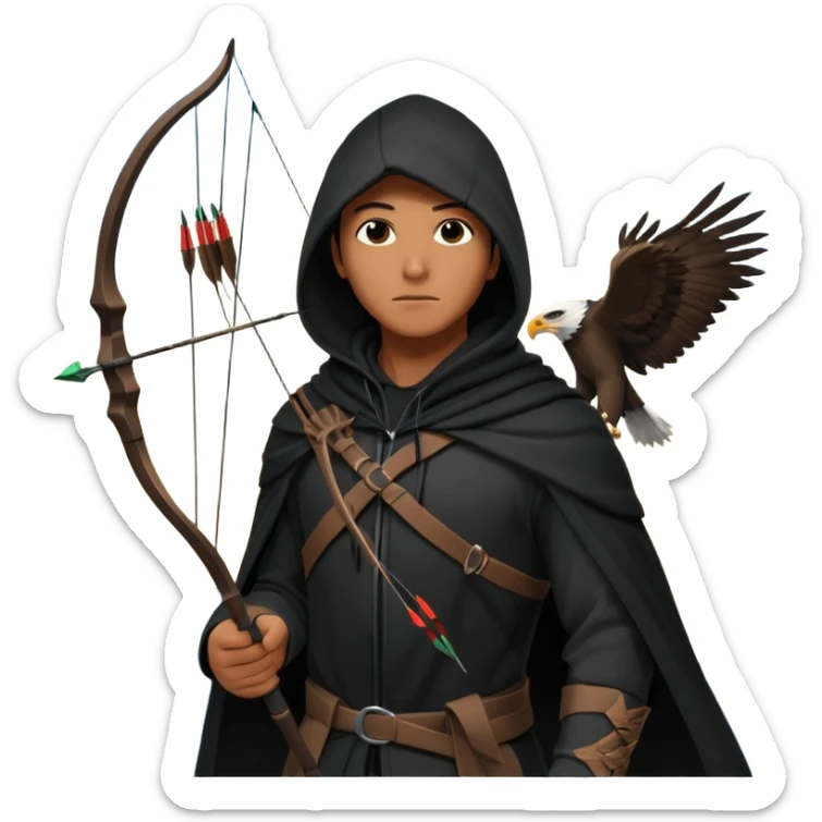 hooded man in a tall buliding a silloute shot, bow and arrows in hand. in the sky a big eagle is flying in modern time sticker