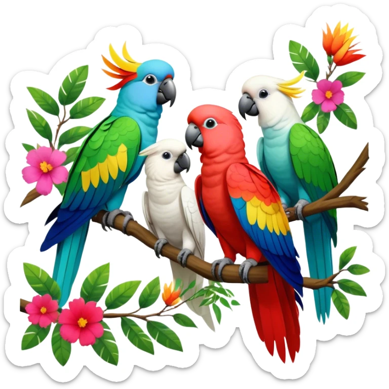 Close-up collage of vibrant Ara parrots and Inca cockatoos sitting on tree branches, surrounded by lush greenery. Bright colors of the birds stand out against a natural, sunny background of trees and flowers. Transparent background. sticker
