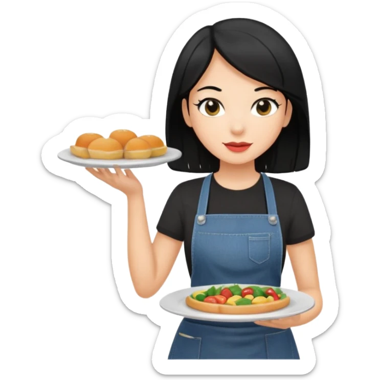 waitress with black hair and a food plate with a black tshirt and ª jeans apron sticker