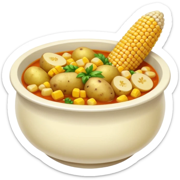 emoji of ajiaco soup bowl with visible potatoes, corn cob, and chicken, classic emoji style, vibrant colors sticker