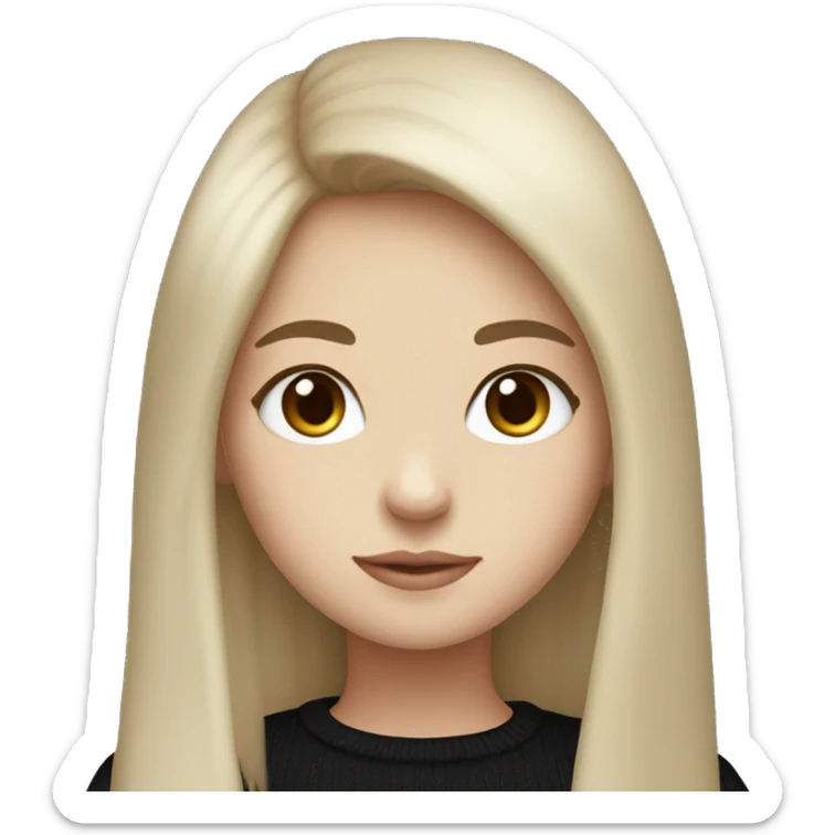 girl with long brown hair, bangs, blue eyes, black sweater, pale skintone sticker