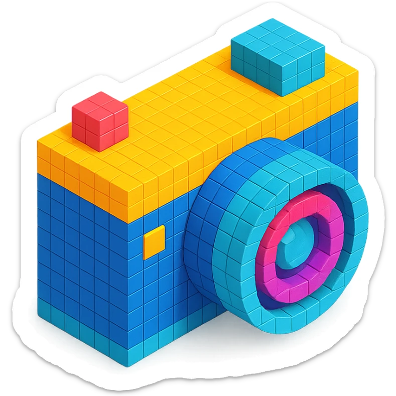 classic design camera in voxel style, isometric view sticker