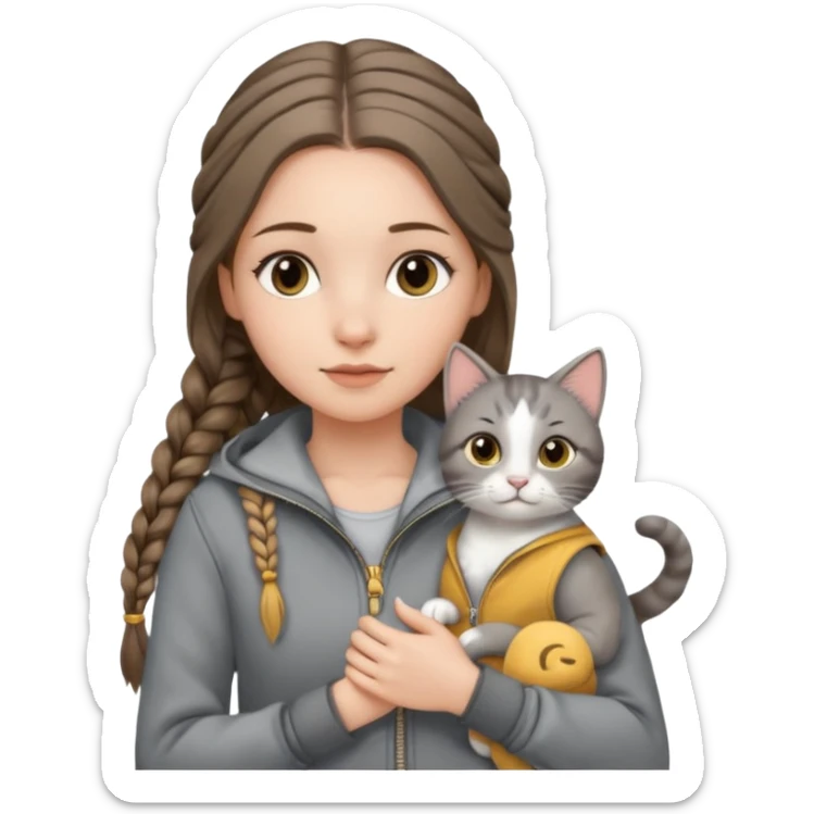 a white girl with long brunette hair in braid that is over her shoulder. shes holding a grey cat. the girl has long lashes and has on a grey zip up that is half way zipped  and under a white shirt and gold jewelry that is gold bracelets. sticker