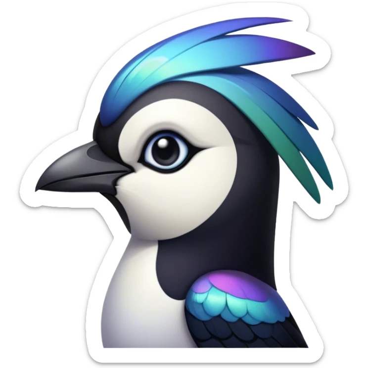 Cinematic Noble Magpie Portrait Emoji, Poised and sleek, with striking, iridescent black and white plumage, a sharp, inquisitive beak, and intense, observant eyes, Simplified yet sharp and sophisticated features, highly detailed, glowing with a soft, urban gleam, high shine, intelligent and graceful, stylized with an air of mischievous charm, focused and alert, soft glowing outline, capturing the essence of a watchful and confident magpie that appears ready to dart out of the screen with effortless authority! sticker