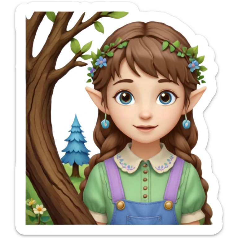 Kind happy whimsical quirky Girl toymaker, wood carving elf. Woodland nature creator. Blue eyes. brown hair (short just-below chin length) wavy hair & bangs. Whimsical playful cute. Overalls with nature embroidered cute shirt collar. Light green, light purple and light blue colour aesthetic  sticker