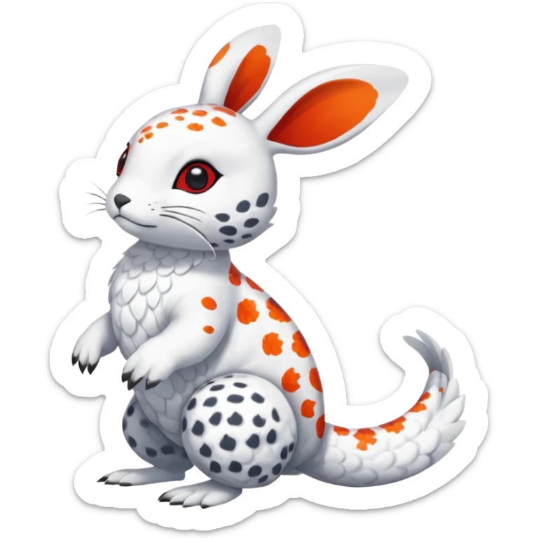 Rock Ptarmigan-Snow-Leopard-Snowshoe-Hare-Koi-Fish-Pokémon-Fakémon-Animal-hybrid, full body, with red marking over eye sticker